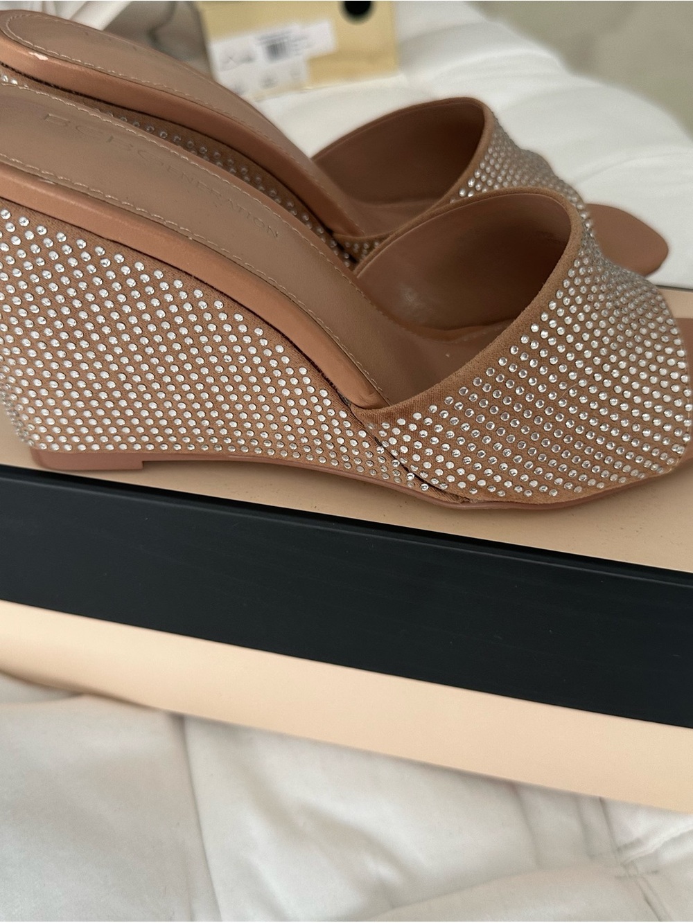 BCBGeneration Nude Tan Crystal-Embellished Wedge Mules